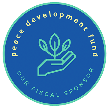 A blue circle with the words peace development fund and our fiscal sponsor in it.